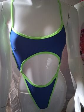 Blue One-Piece Cutout Swimsuit with Neon Green Trim